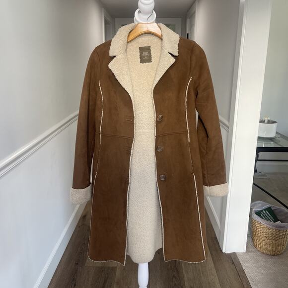 Old Navy Women XS Coat Brown Faux Suede Sherpa Lined Long Coat Penny Lane VTG - Picture 1 of 9